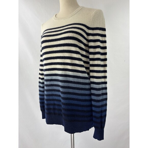 C by Bloomingdales Cashmere Sweater Cream Blue Stripe Large Pullover Dip Dye - Picture 2 of 8